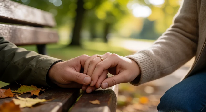 consejos para ser mejor pareja, Manos entrelazadas de una pareja en un banco de parque