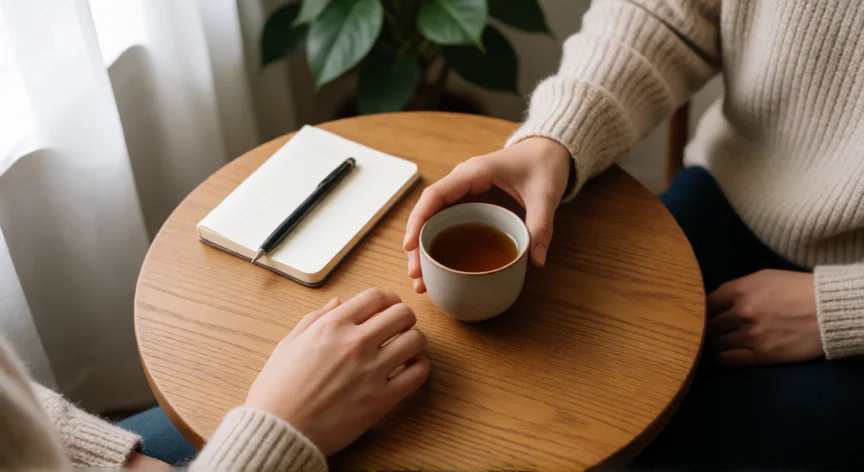 consejos para ser mejor persona, Manos compartiendo una taza de té en una mesa de madera