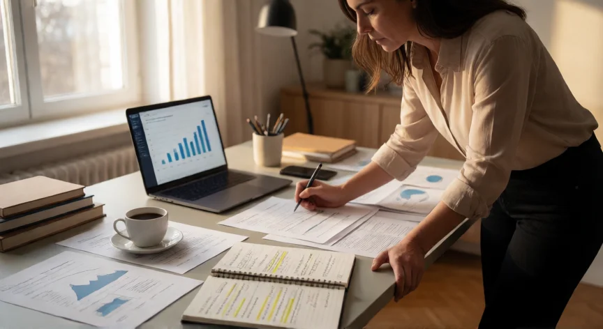 consejos para ser mejor profesional por medio de la investigación, Profesional investigando artículos y tomando notas en su escritorio de trabajo