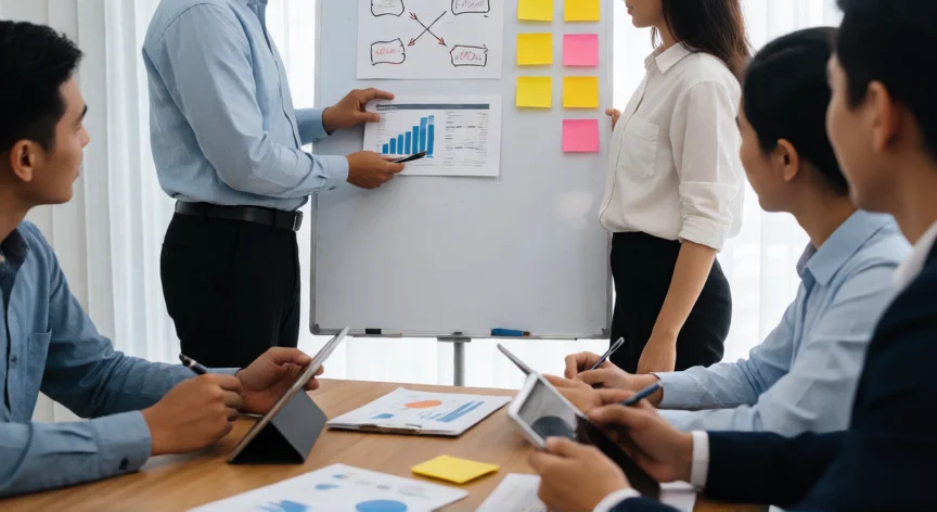 consejos para ser mejor profesional por medio de la investigación, Equipo de profesionales compartiendo hallazgos de investigación en una reunión