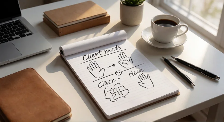 consejos para ser mejor vendedor, Escritorio de trabajo de un vendedor con notas preparadas antes de una reunión con cliente