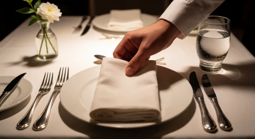 consejos para ser mesero, Manos de mesero preparando la mesa con cubiertos y servilleta