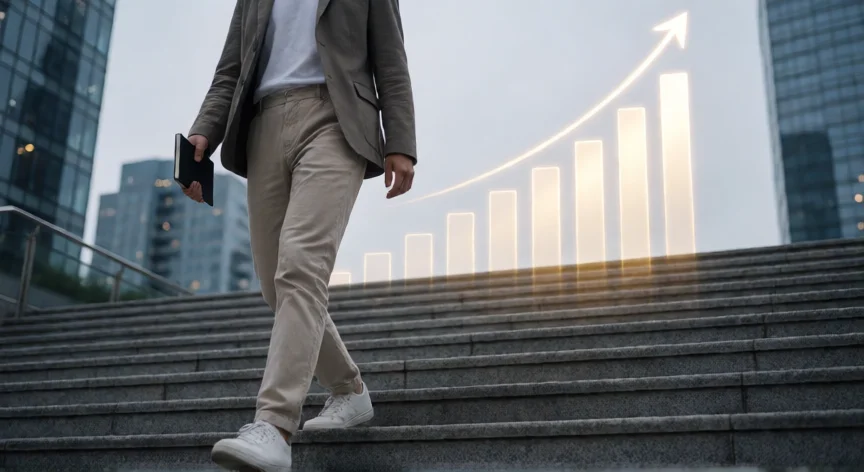 consejos para ser millonario, Persona subiendo escaleras con una gráfica de crecimiento luminosa al fondo