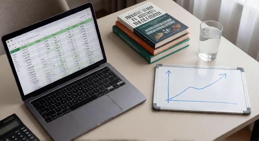 consejos para ser millonario antes de los 30, Mesa de trabajo con planificación financiera y libros de inversión