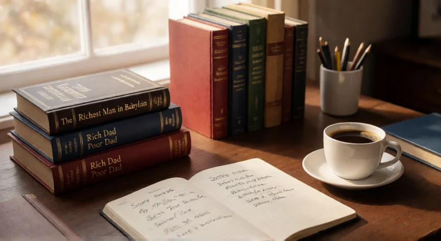 consejos para ser millonario libro, Libros de finanzas personales sobre una mesa de escritorio con notas de ahorro