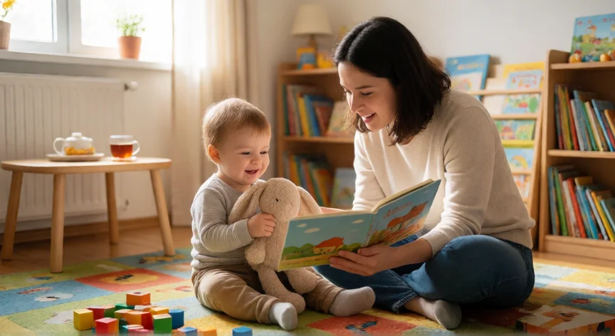 Niñera leyendo un cuento a un niño pequeño en una sala de estar luminosa