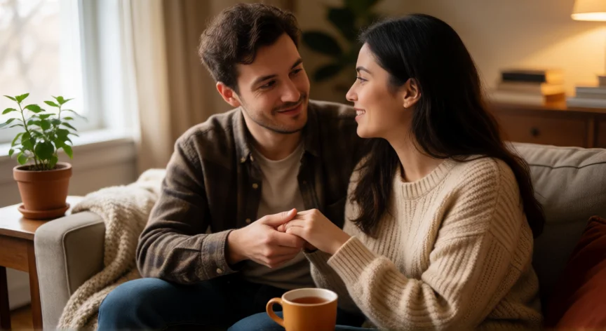 Pareja joven conectando en un sofá con luz natural y una taza de té