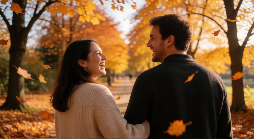 consejos para ser novios, Pareja caminando y riendo por un sendero en otoño con hojas doradas