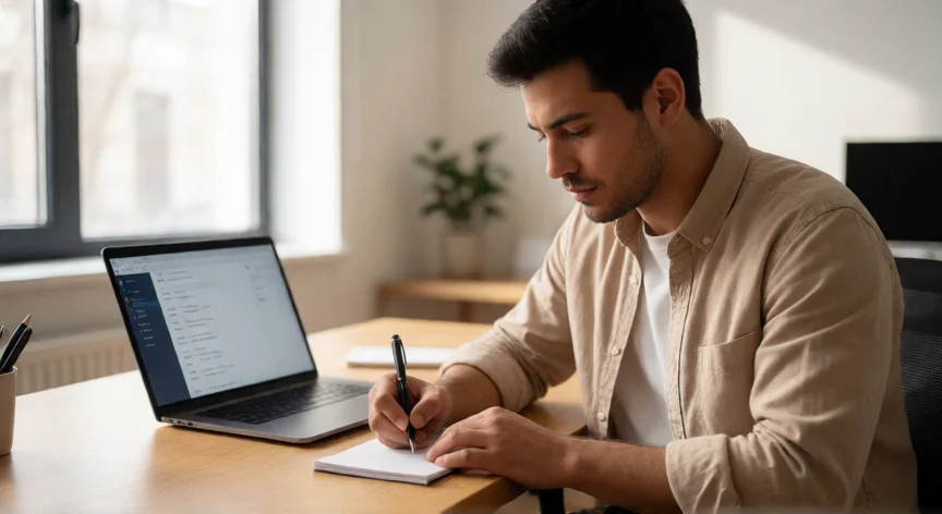 consejos para ser obediente, Profesional anotando instrucciones en una libreta en su escritorio de oficina