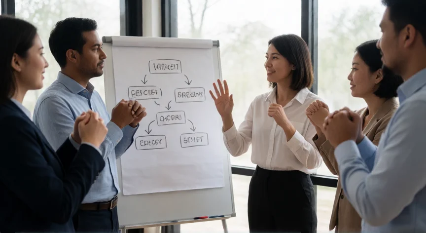 consejos para ser obediente, Equipo de trabajo en reunión siguiendo las indicaciones de su líder con respeto