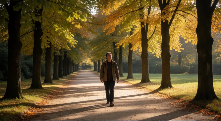 consejos para ser optimista, Caminata reflexiva por un parque con luz dorada entre los árboles