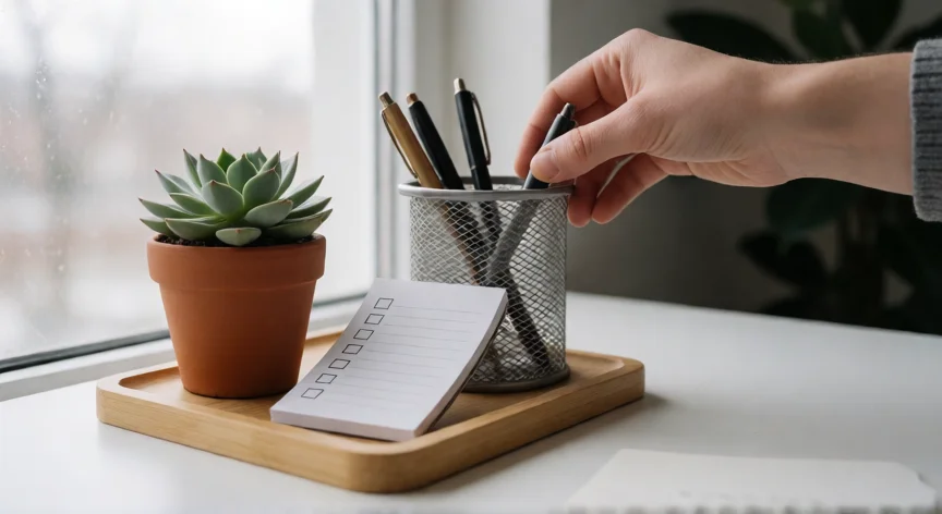 consejos para ser ordenado, Manos organizando un escritorio con bolis y libreta