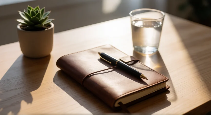 consejos para ser organizado, Mesa de trabajo minimalista y ordenada con cuaderno y suculenta bajo luz natural