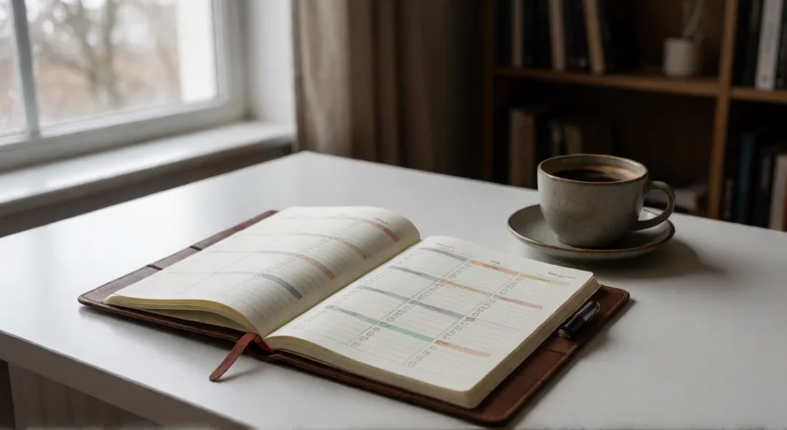 consejos para ser organizado, Planificador semanal abierto sobre escritorio con café y código de colores