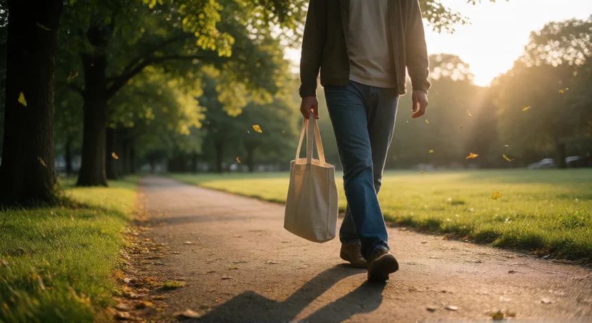 consejos para ser paciente, Caminata pausada por un parque al atardecer entre árboles con hojas doradas