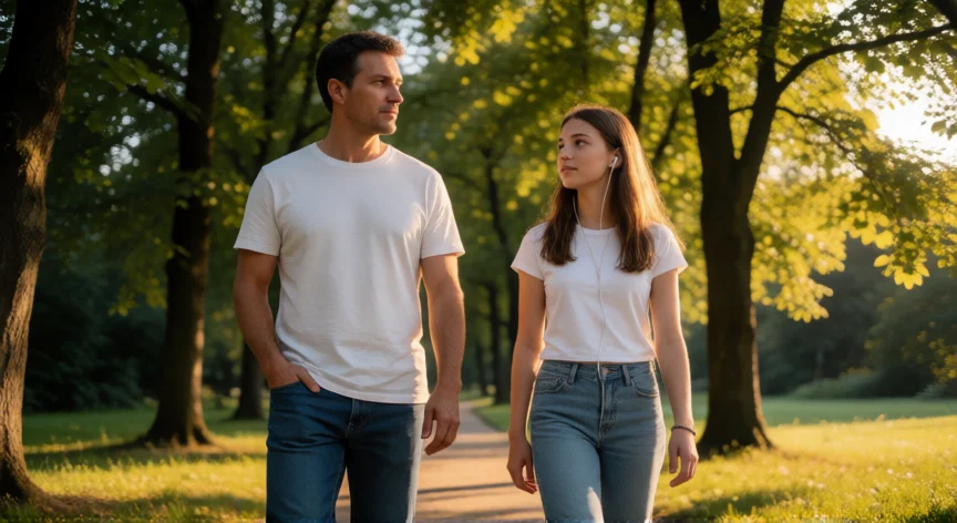 consejos para ser padre, Padre e hija adolescente caminando en silencio por un parque