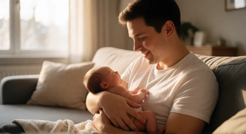 consejos para ser papa por primera vez, Padre primerizo con su recién nacido en el pecho, momento de conexión en el salón