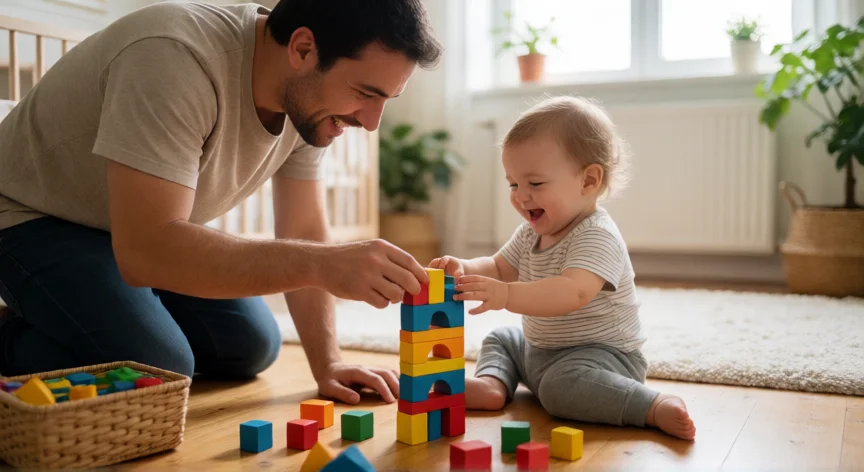 consejos para ser papa por primera vez, Padre jugando con bloques de madera en el suelo con su hijo de dos años