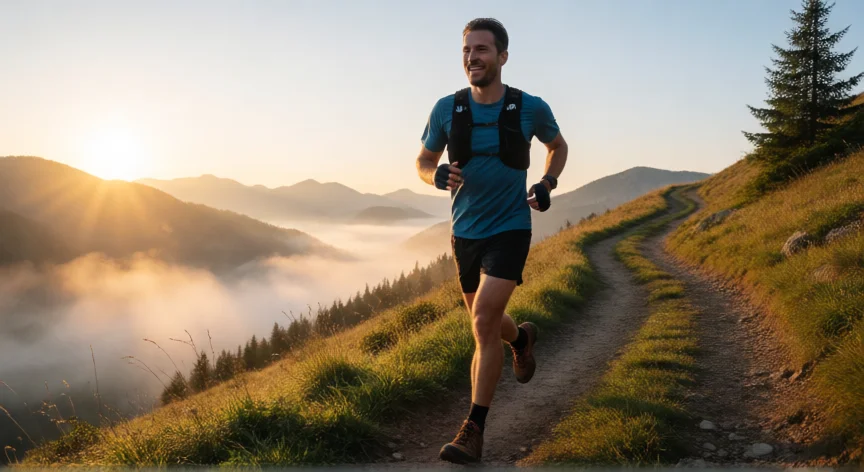 consejos para ser perseverante, Corredor de montaña mirando el camino por delante al amanecer con determinación