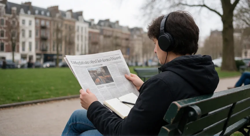 consejos para ser poliglota, Persona escuchando un podcast en otro idioma en un parque