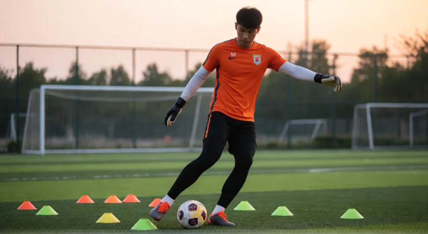 consejos para ser portero, Entrenamiento de pies y saques de un portero al atardecer