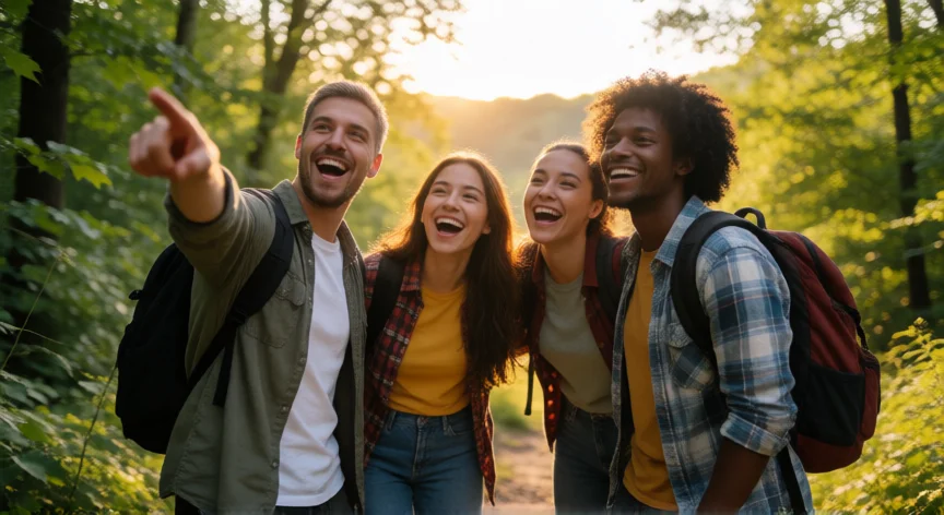 consejos para ser positivo, Grupo de amigos caminando y riendo juntos en un bosque al atardecer