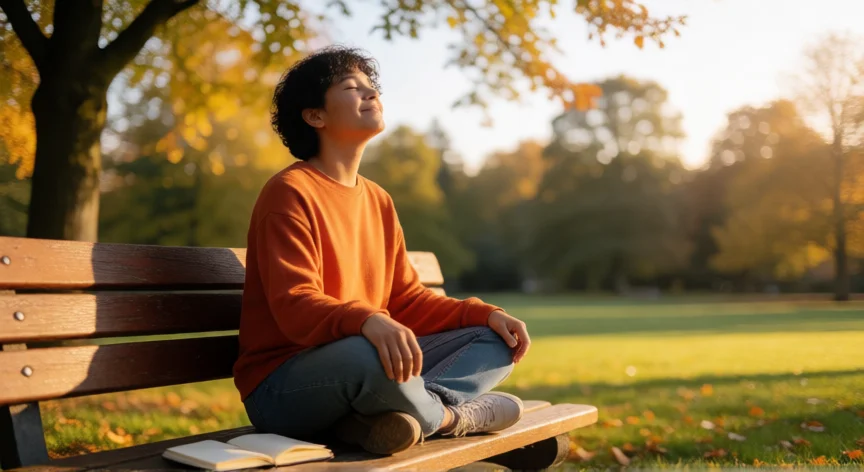 consejos para ser positivo y optimista, Persona meditando en un parque al atardecer con una libreta abierta