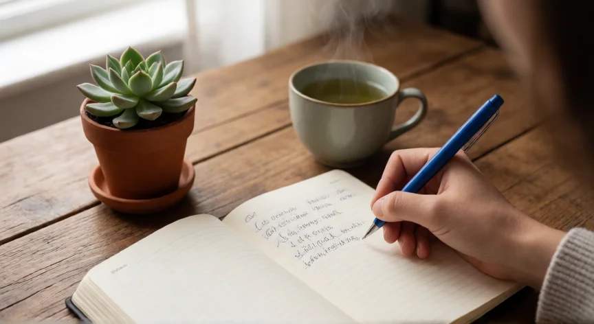consejos para ser positivo y optimista, Diario de gratitud abierto sobre una mesa de madera con té verde