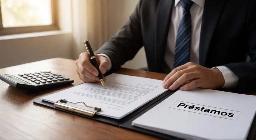 consejos para ser prestamista, Prestamista revisando un contrato de préstamo en su escritorio con calculadora y carpetas organizadas