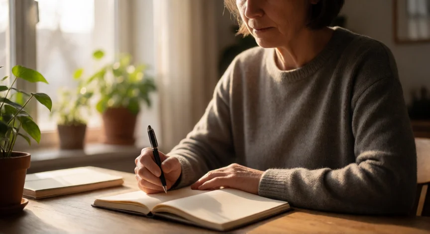consejos para ser prudente, Persona reflexiva sentada en una mesa escribiendo con calma, luz natural suave
