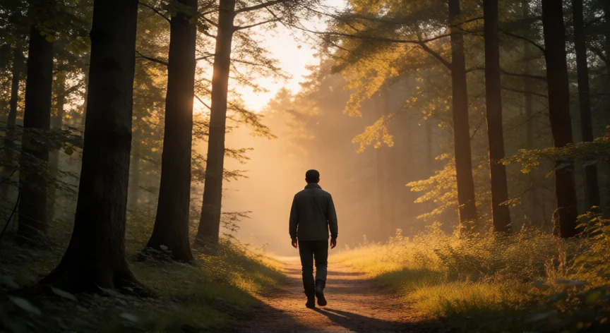 consejos para ser prudente, Persona caminando con calma por un sendero boscoso al atardecer, simbolizando la paciencia