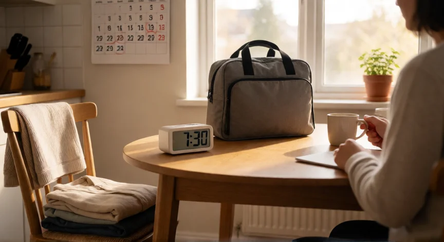 consejos para ser puntual, Rutina matutina organizada con reloj de alarma y mochila preparada la noche anterior