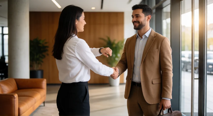 consejos para ser puntual, Llegada puntual a una reunión de trabajo en una oficina moderna