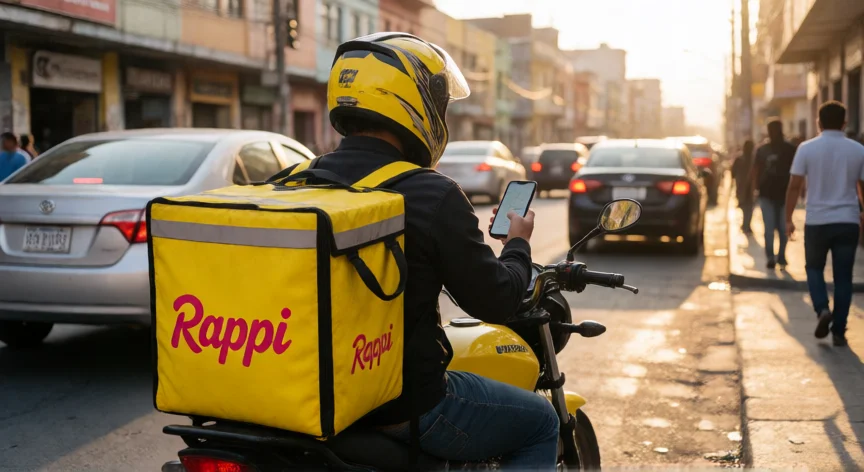consejos para ser rappi, Repartidor de Rappi en moto por una calle urbana al atardecer con mochila térmica amarilla