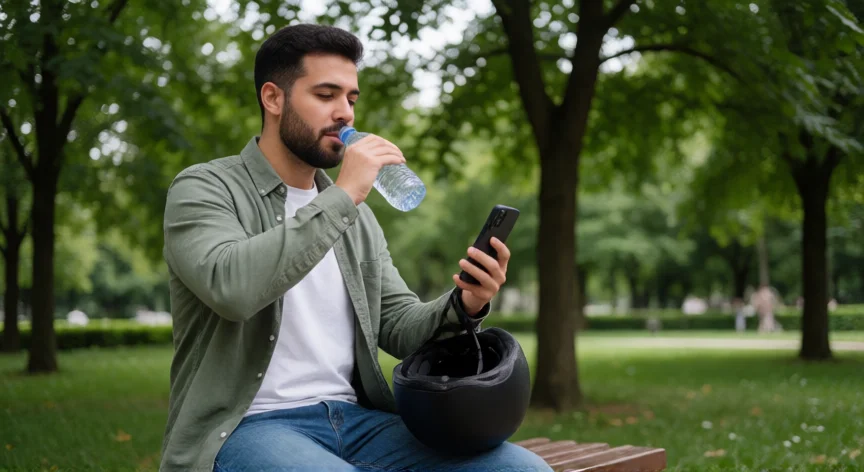 consejos para ser rappi, Rider de Rappi en descanso en un parque revisando sus ganancias en el teléfono