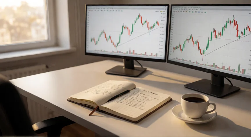 consejos para ser rentable en el trading, Trader analizando gráficas y escribiendo en su diario de trading