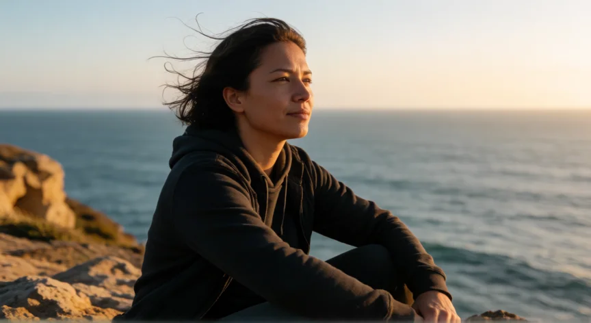 consejos para ser resiliente, Persona contemplando el horizonte desde un acantilado al atardecer, símbolo de resiliencia y perspectiva