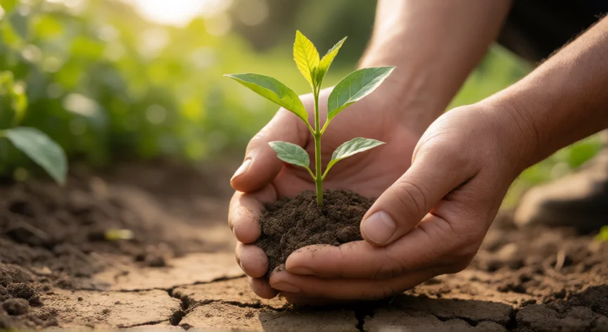 consejos para ser resiliente, Manos sosteniendo una planta joven que crece en tierra agrietada, metáfora de crecimiento tras la dificultad