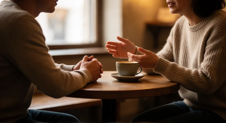 consejos para ser respetuoso, Dos personas conversando con escucha activa en una cafetería acogedora