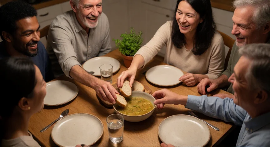 consejos para ser respetuoso, Grupo diverso compartiendo una comida en familia con respeto y calidez