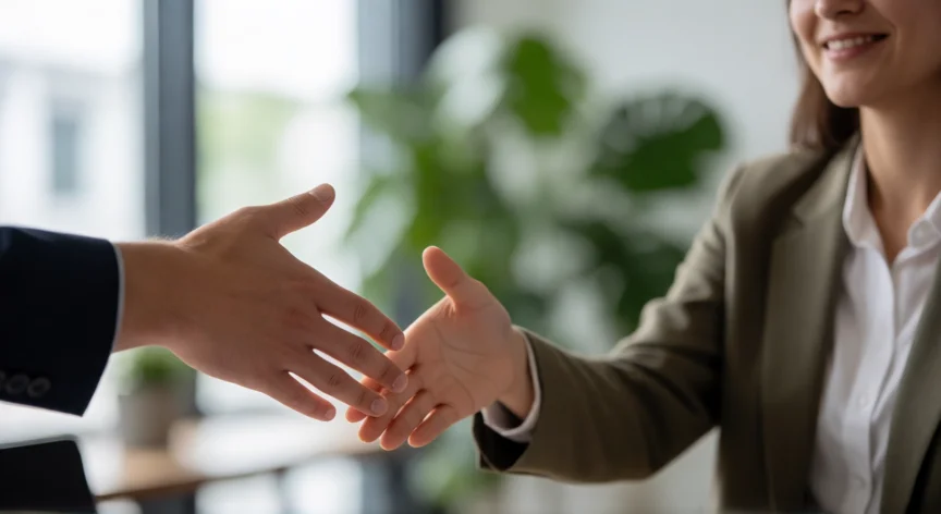 consejos para ser responsable, Apretón de manos entre dos personas en una oficina que transmite confianza y compromiso