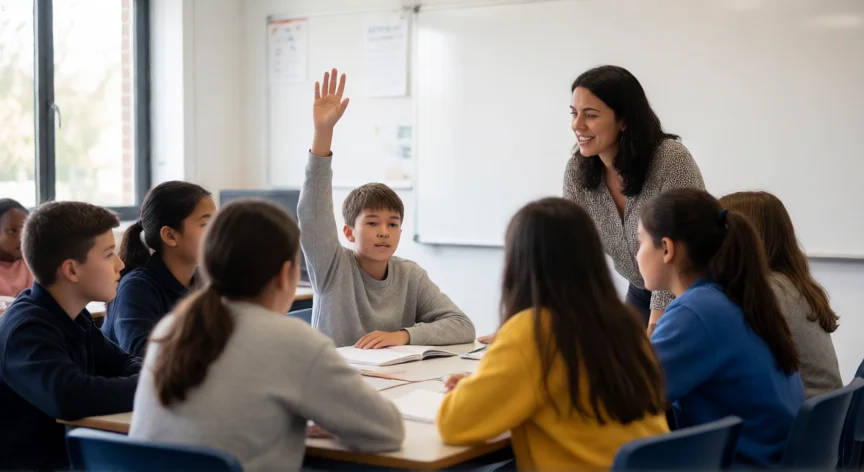 consejos para ser responsable en la escuela, Grupo de estudiantes participando activamente en clase con el profesor