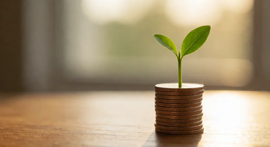 consejos para ser rico, Brote verde creciendo sobre monedas, símbolo del crecimiento financiero a largo plazo