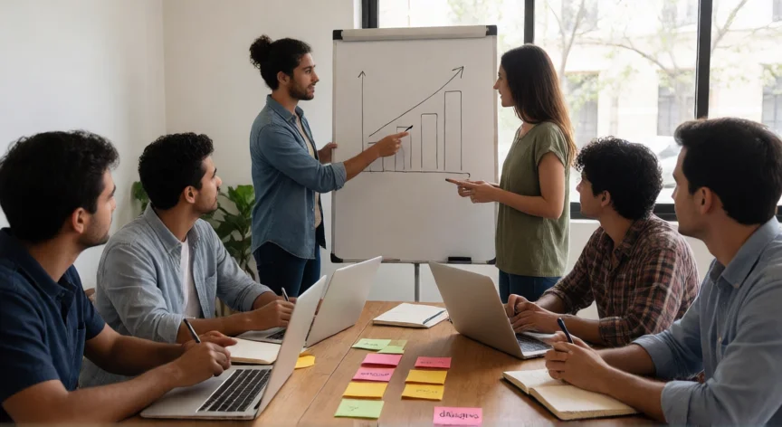 consejos para ser rico siendo joven, Grupo de jóvenes profesionales planificando juntos sus objetivos financieros y de carrera