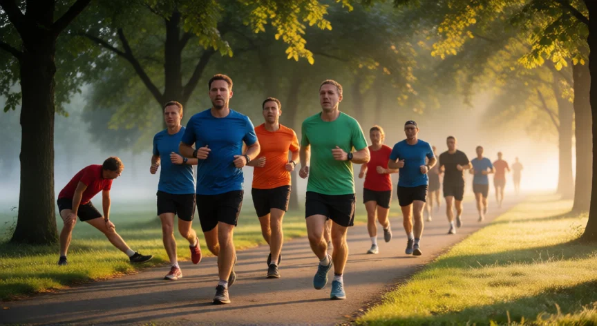 consejos para ser runner, Grupo de runners entrenando por un parque al amanecer con luz dorada