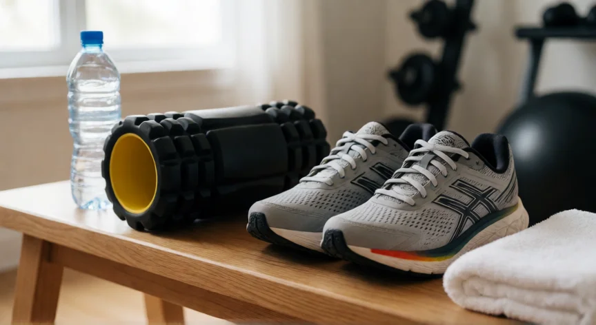 consejos para ser runner, Zapatillas de running junto a rodillo de foam y botella en zona de recuperación