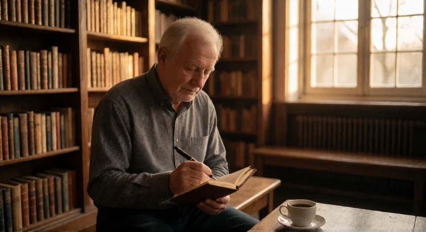 consejos para ser sabio, Hombre escribiendo en un cuaderno de cuero en una biblioteca tranquila con luz dorada