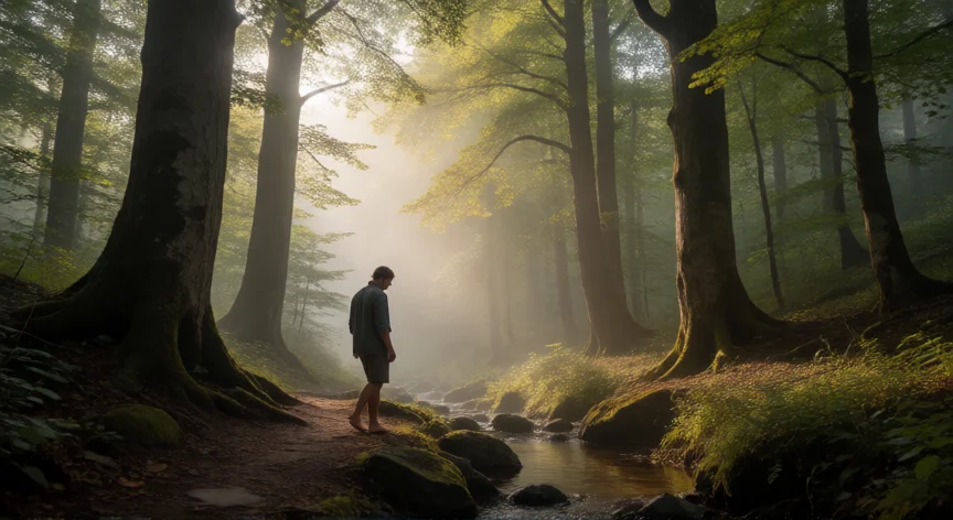 consejos para ser sabio, Persona caminando descalza por un sendero forestal con niebla matinal y luz verde