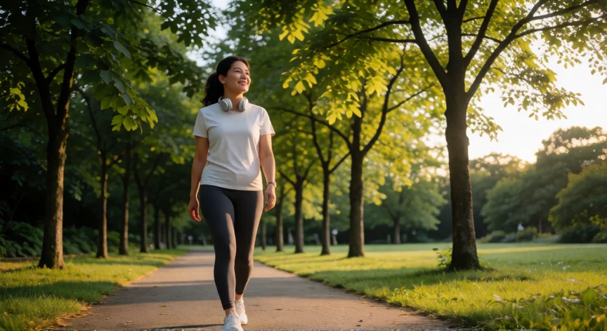 consejos para ser saludable, Persona caminando por un parque arbolado al atardecer en un paseo saludable