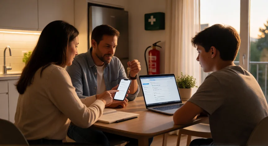 consejos para ser seguro, Familia revisando consejos de seguridad en casa con dispositivos móviles